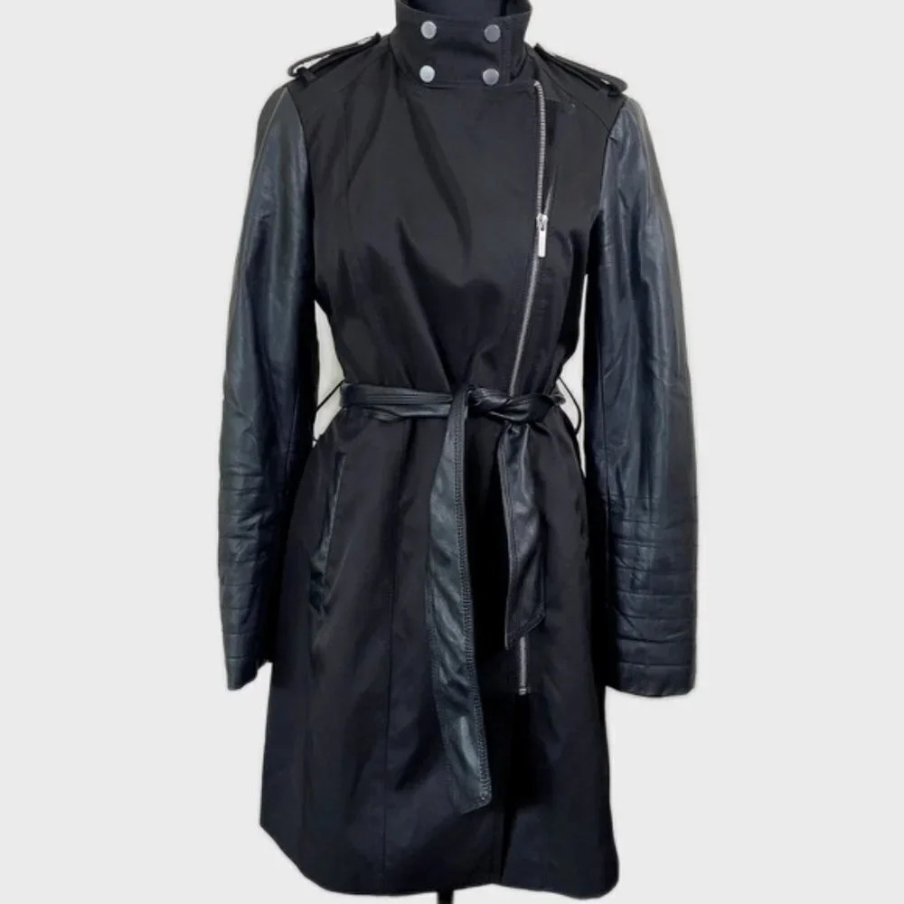 Bedo Faux Leather Sleeves Black Belted  Coat